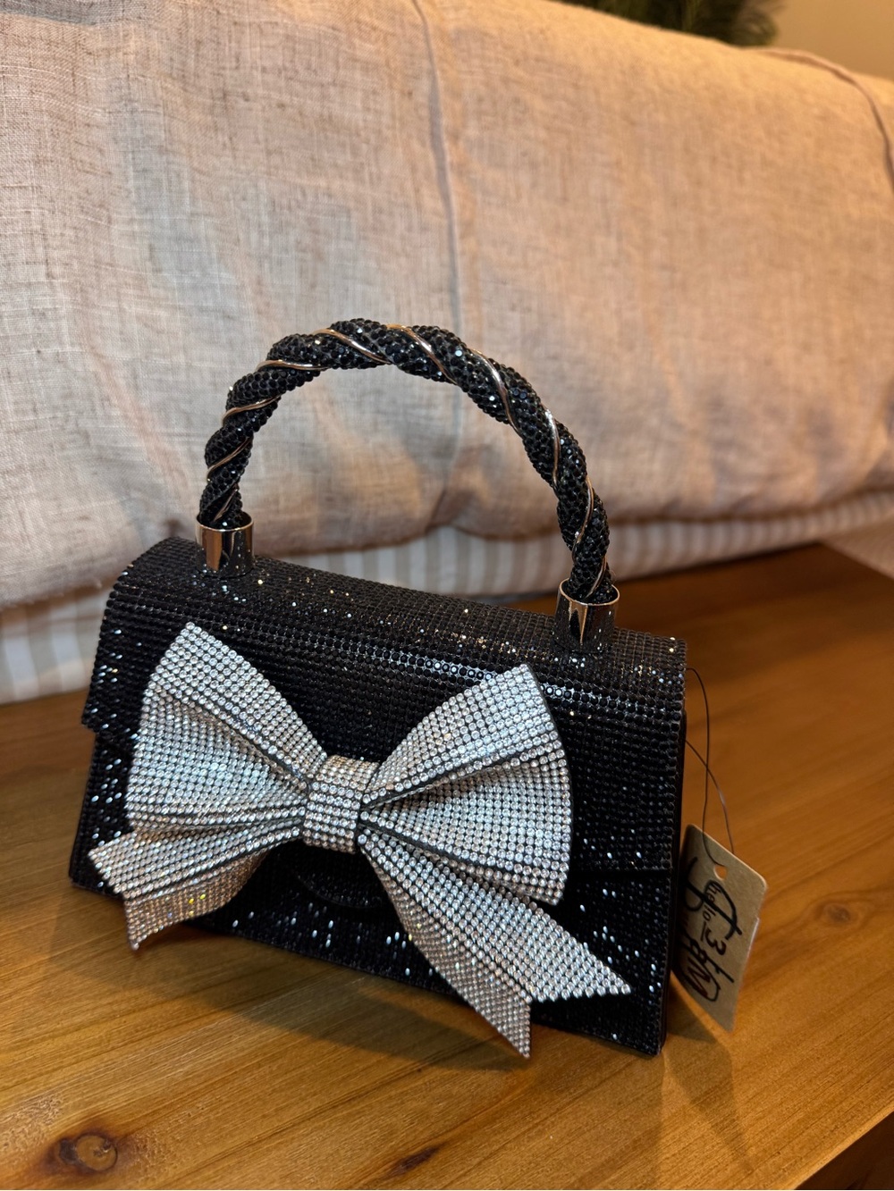 NWT Black Crystal Evening Bow Top-Handle Bag - Picture 2 of 6